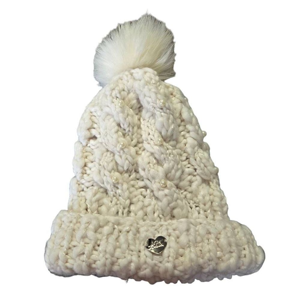 Betsey Johnson Pom Pom Winter Beanie Pearls Chunky Knit Hat